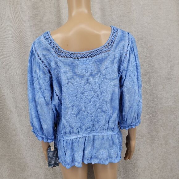 Democracy Bonnet Sleeve Square Crochet Neck Mineral Wash Peplum Woven Top - Picture 7 of 14